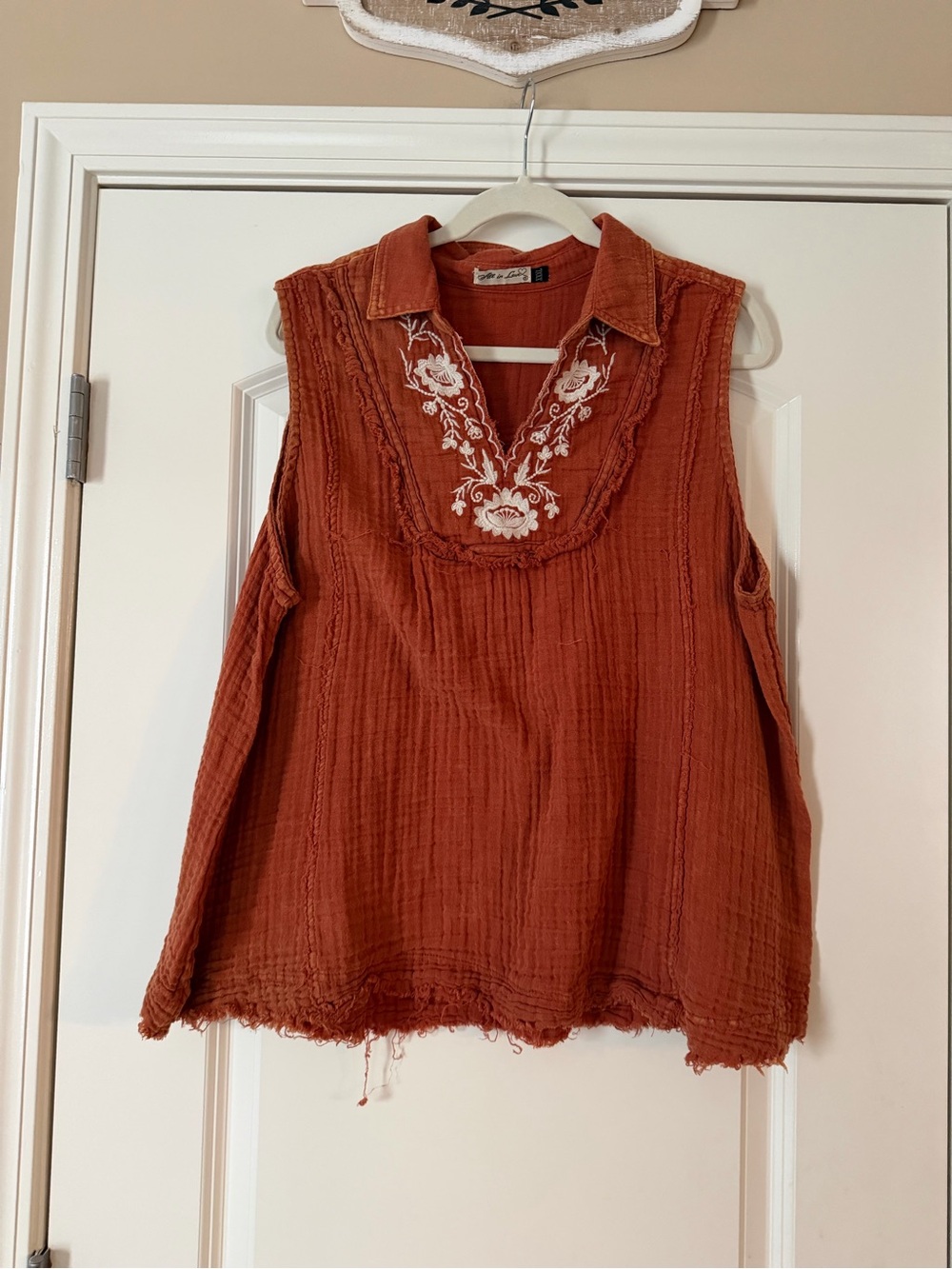 Sleeveless Embroidered V-Neck Tunic in Rust